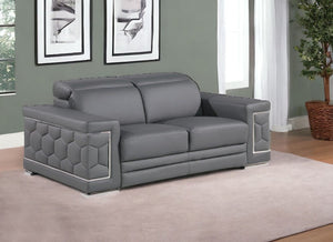 HomeRoots 70" Contemporary Leather Loveseat with Silver Accents, Adjustable Headrests, and Sleek Steel Legs DARK GRAY 546442