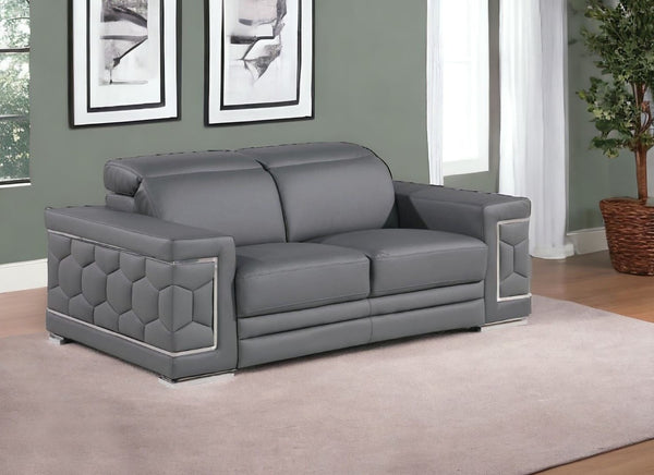 HomeRoots 70" Contemporary Leather Loveseat with Silver Accents, Adjustable Headrests, and Sleek Steel Legs DARK GRAY 546442