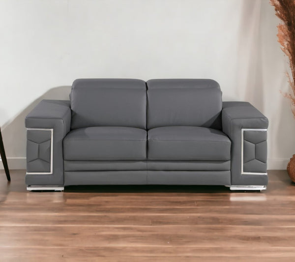 HomeRoots 70" Contemporary Leather Loveseat with Silver Accents, Adjustable Headrests, and Sleek Steel Legs DARK GRAY 546442
