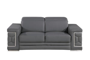 HomeRoots 70" Contemporary Leather Loveseat with Silver Accents, Adjustable Headrests, and Sleek Steel Legs DARK GRAY 546442
