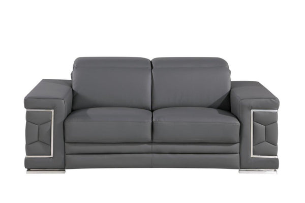 HomeRoots 70" Contemporary Leather Loveseat with Silver Accents, Adjustable Headrests, and Sleek Steel Legs DARK GRAY 546442