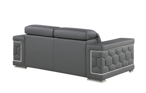 HomeRoots 70" Contemporary Leather Loveseat with Silver Accents, Adjustable Headrests, and Sleek Steel Legs DARK GRAY 546442