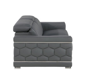 HomeRoots 70" Contemporary Leather Loveseat with Silver Accents, Adjustable Headrests, and Sleek Steel Legs DARK GRAY 546442