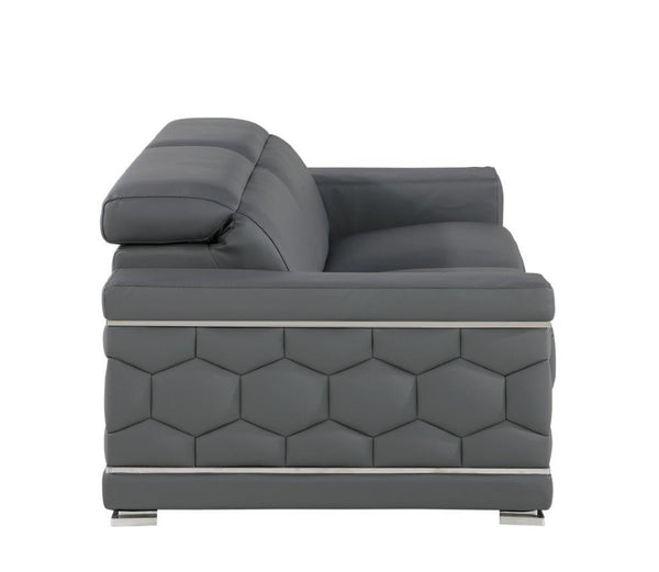 HomeRoots 70" Contemporary Leather Loveseat with Silver Accents, Adjustable Headrests, and Sleek Steel Legs DARK GRAY 546442