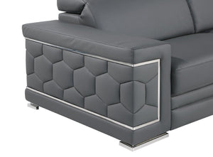 HomeRoots 70" Contemporary Leather Loveseat with Silver Accents, Adjustable Headrests, and Sleek Steel Legs DARK GRAY 546442