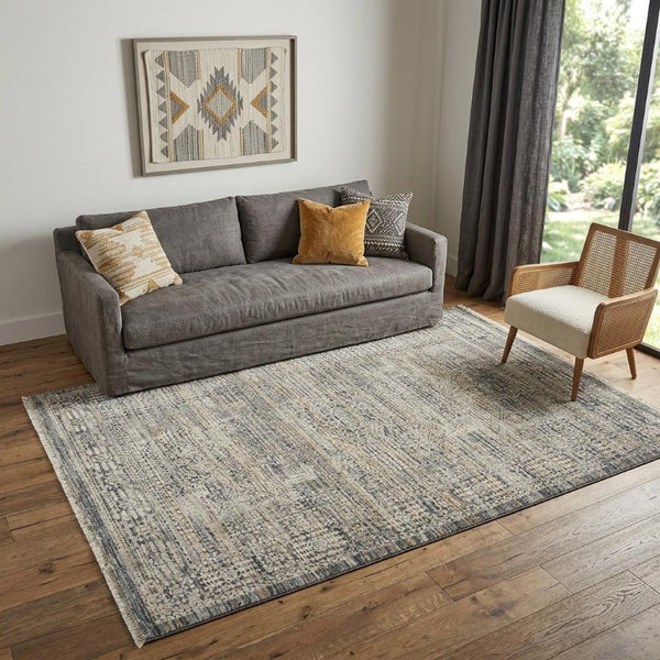 5x8 Ivory Slate Gray Distressed Oriental Area Rug with Fringe Boho Living Room