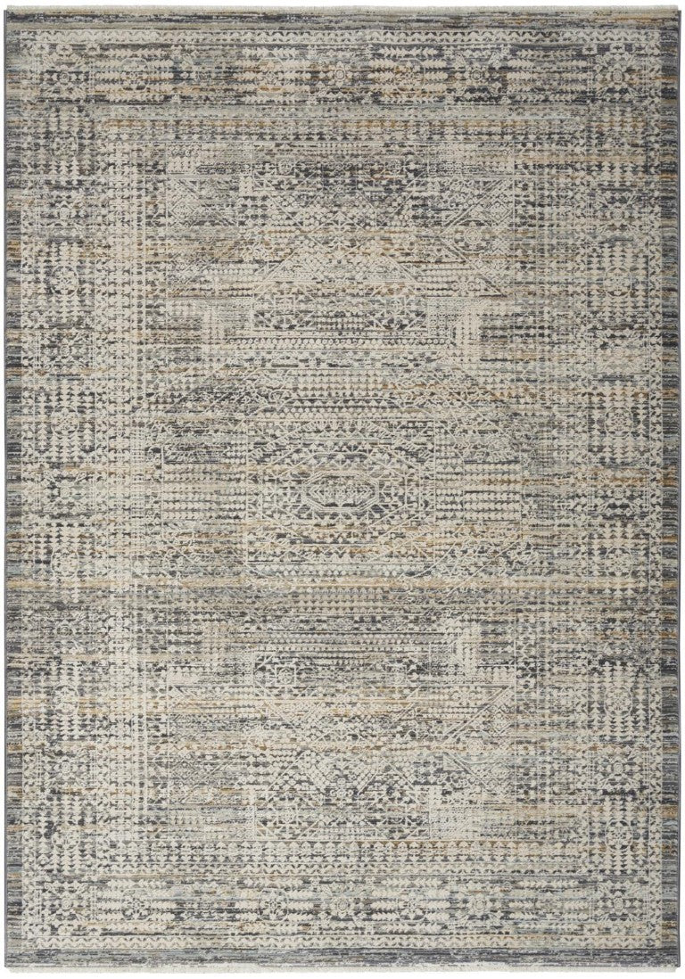 HomeRoots 5x8 Ivory Slate Gray Distressed Oriental Area Rug with Fringe Boho Living Room 546534