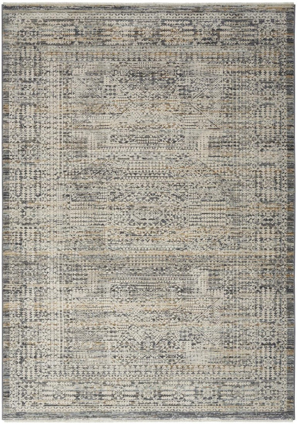 HomeRoots 5x8 Ivory Slate Gray Distressed Oriental Area Rug with Fringe Boho Living Room 546534