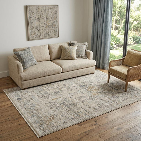 5x8 Ivory Taupe Oriental Motif Low Pile Area Rug with Fringe for Living Rooms
