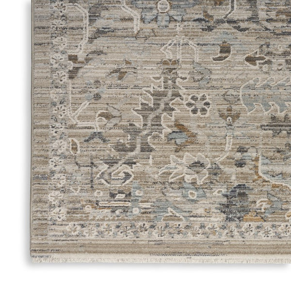 5x8 Ivory Taupe Oriental Motif Low Pile Area Rug with Fringe for Living Rooms