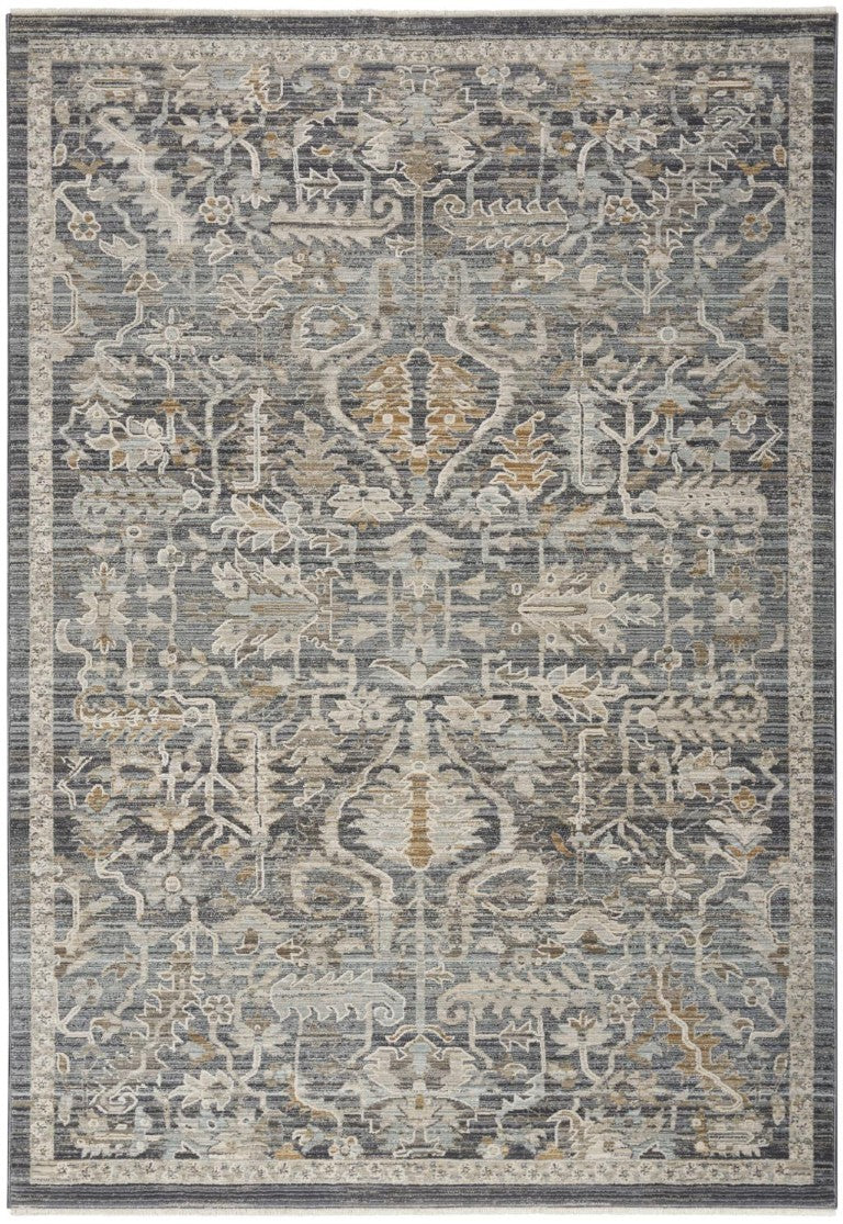 HomeRoots 5 X 8 Distressed Oriental Area Rug Navy Ivory Fringed Low Pile Living Room 546544