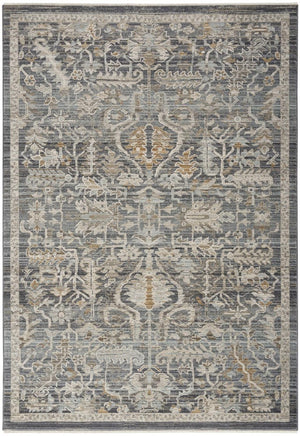 HomeRoots 5 X 8 Distressed Oriental Area Rug Navy Ivory Fringed Low Pile Living Room 546544