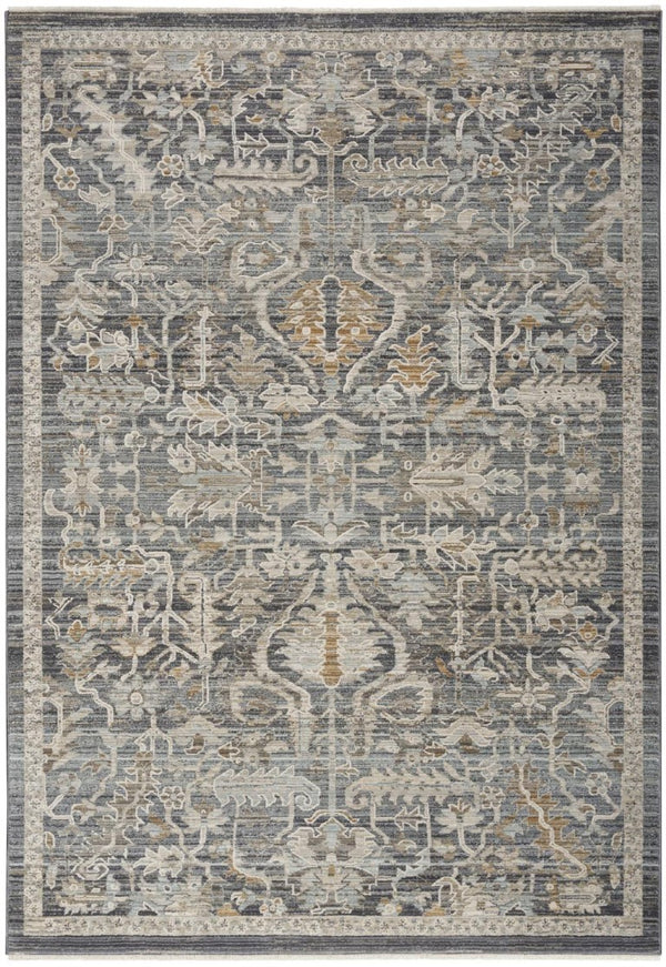 HomeRoots 5 X 8 Distressed Oriental Area Rug Navy Ivory Fringed Low Pile Living Room 546544