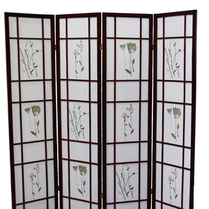 English Elm 70" Tall 4-Panel Shoji Room Divider Screen In Rich Cherry Finish With Elegant Floral Design B072115969
