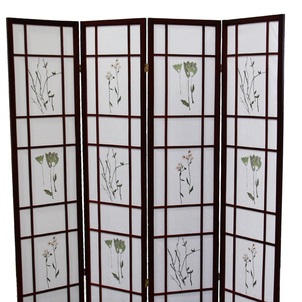 English Elm 70" Tall 4-Panel Shoji Room Divider Screen In Rich Cherry Finish With Elegant Floral Design B072115969