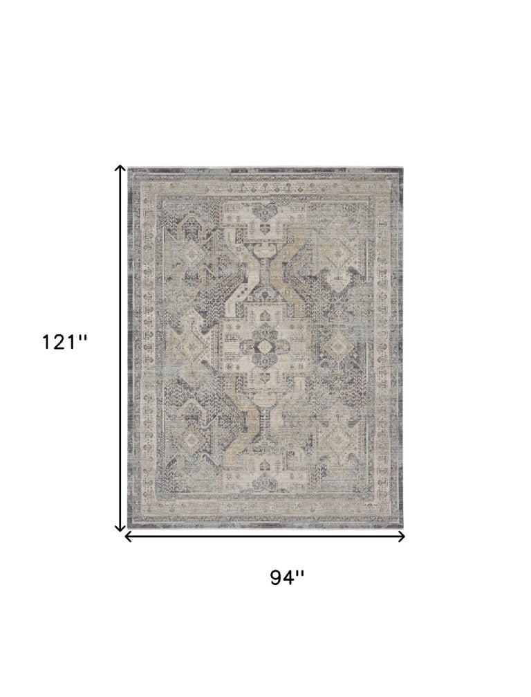 Ivory Charcoal Medallion Fringe Area Rug Power Loomed Distressed Vintage Style Living Room