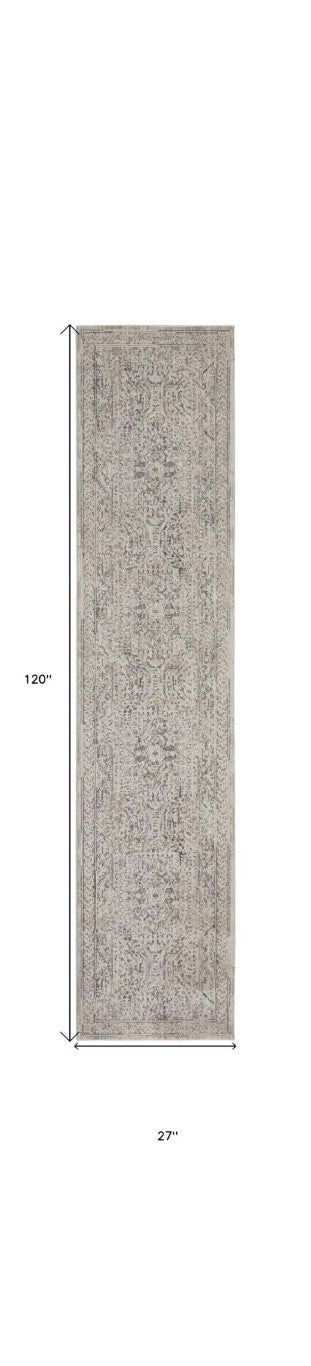 HomeRoots Ivory Gray Medallion Distressed Runner Rug with Fringe for Bohemian Hallway Decor 10' 546561