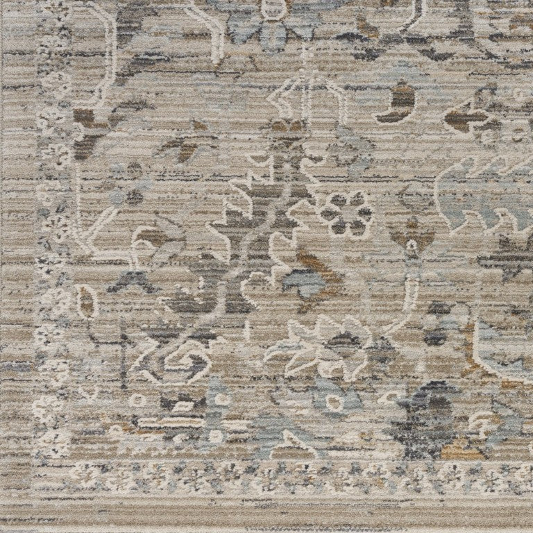 12 Foot Ivory Taupe Distressed Floral Runner Rug with Fringe for Hallways