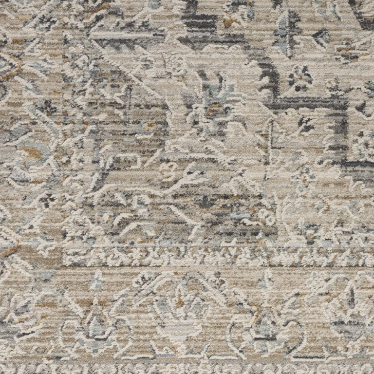 HomeRoots 12 Foot Medallion Runner Rug Distressed Ivory Taupe Fringe Hallway Accent Pile 546575