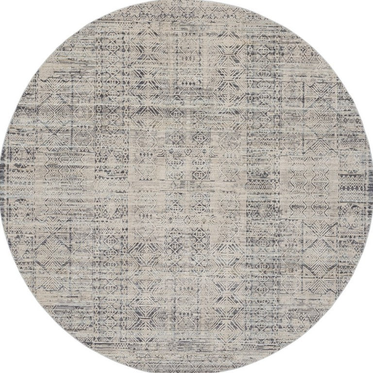 HomeRoots 8 Foot Round Ivory Blue Distressed Geometric Boho Rug with Fringe Tassel Trim 546581