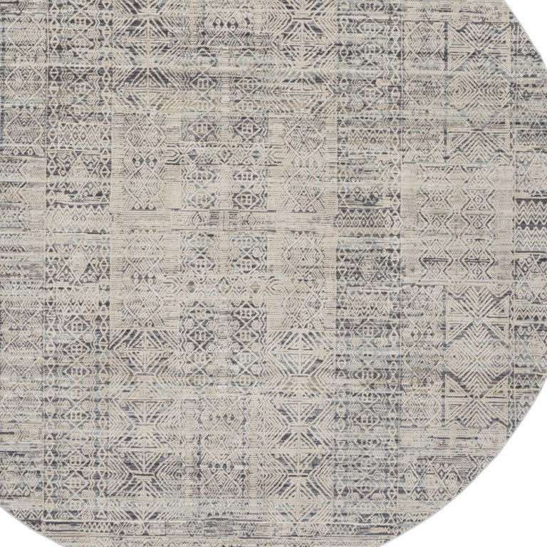 HomeRoots 8 Foot Round Ivory Blue Distressed Geometric Boho Rug with Fringe Tassel Trim 546581