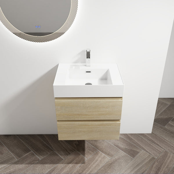 English Elm 24" Wall-Mounted Bathroom Vanity With Resin Sink, Soft-Close Drawers & Space-Saving Design For Style W999S00196