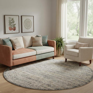 8 Foot Round Oriental Distressed Ivory Gray Fringe Rug for Living Room Decor