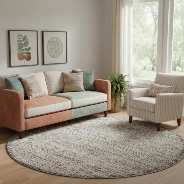 8 Foot Round Oriental Distressed Ivory Gray Fringe Rug for Living Room Decor