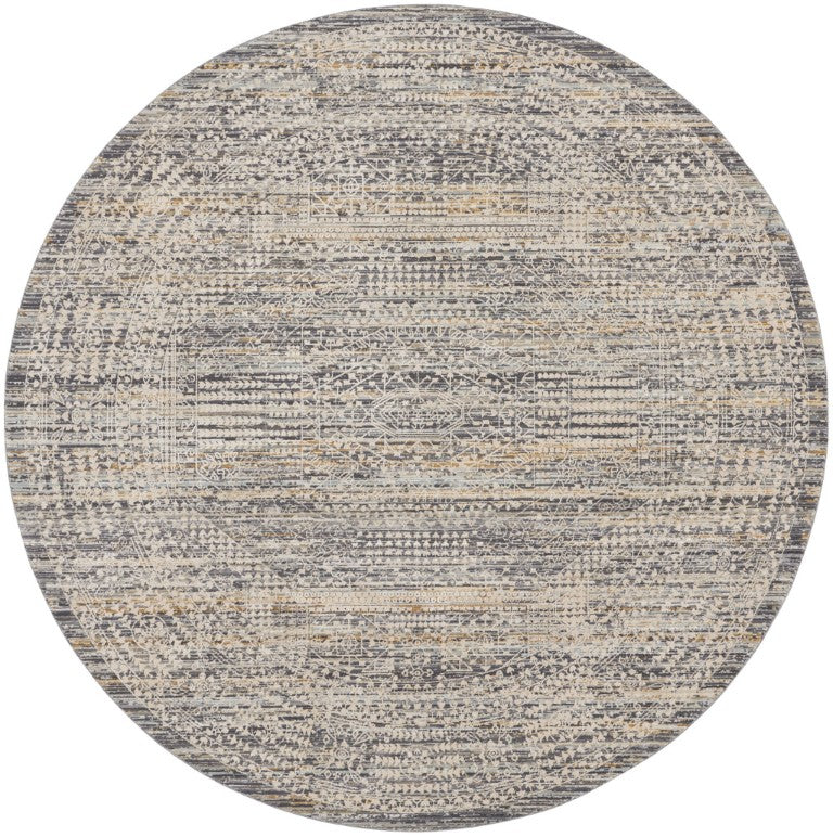 HomeRoots 8 Foot Round Oriental Distressed Ivory Gray Fringe Rug for Living Room Decor 546584