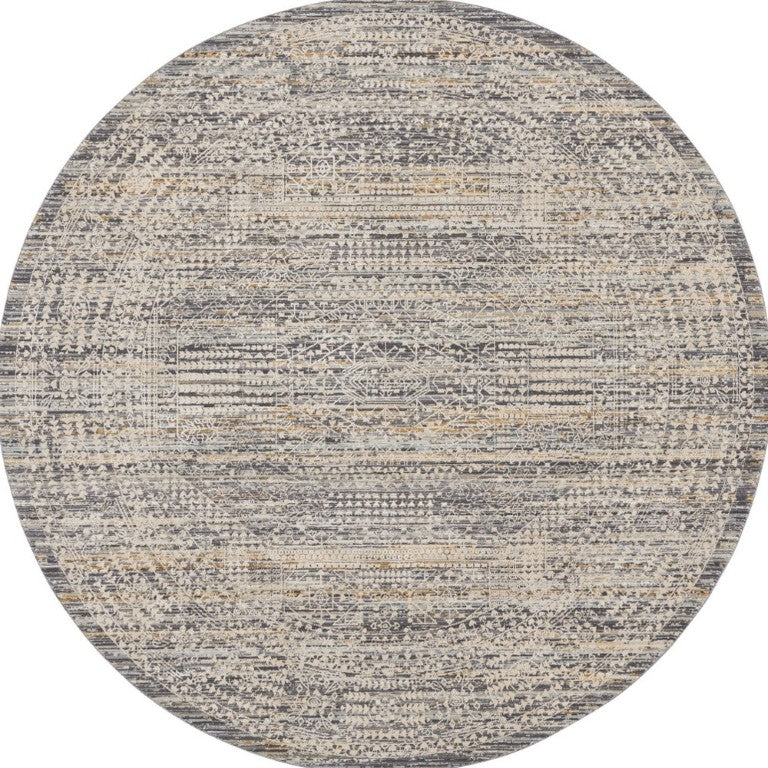 HomeRoots 8 Foot Round Oriental Distressed Ivory Gray Fringe Rug for Living Room Decor 546584