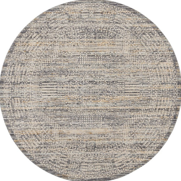 8 Foot Round Oriental Distressed Ivory Gray Fringe Rug for Living Room Decor