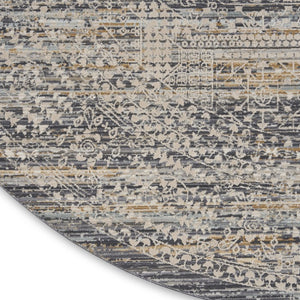 8 Foot Round Oriental Distressed Ivory Gray Fringe Rug for Living Room Decor