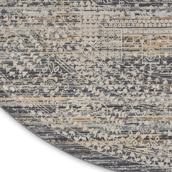 8 Foot Round Oriental Distressed Ivory Gray Fringe Rug for Living Room Decor