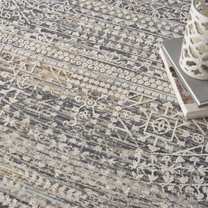 8 Foot Round Oriental Distressed Ivory Gray Fringe Rug for Living Room Decor