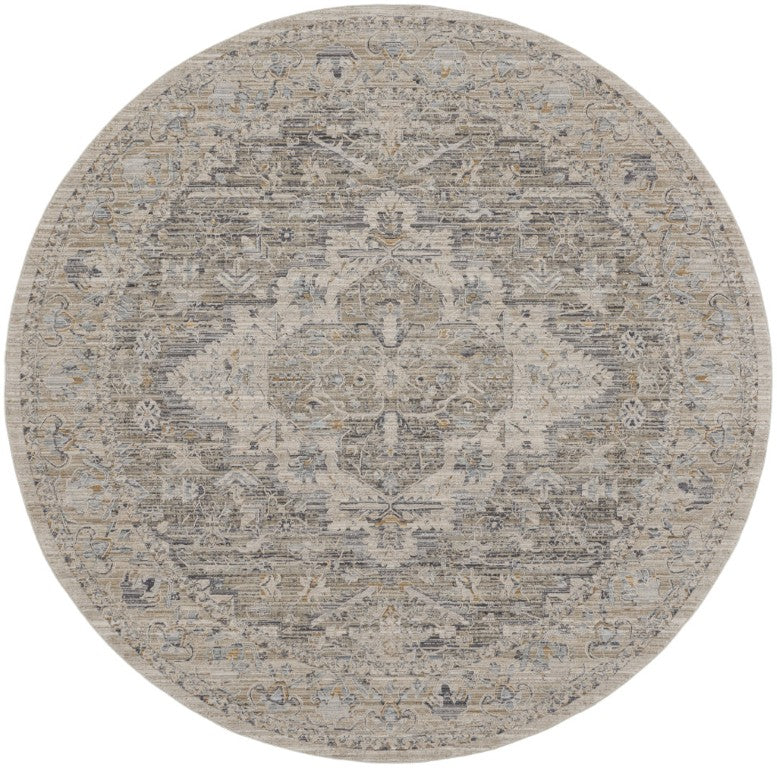 HomeRoots 8 Foot Round Ivory Taupe Medallion Rug with Fringe Bohemian Distressed Living Room 546586