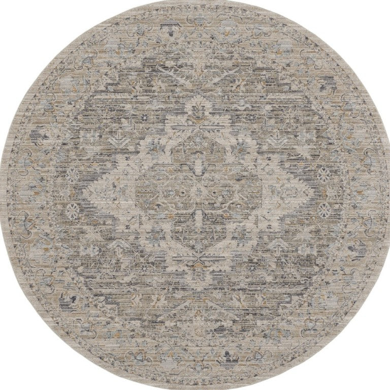 HomeRoots 8 Foot Round Ivory Taupe Medallion Rug with Fringe Bohemian Distressed Living Room 546586