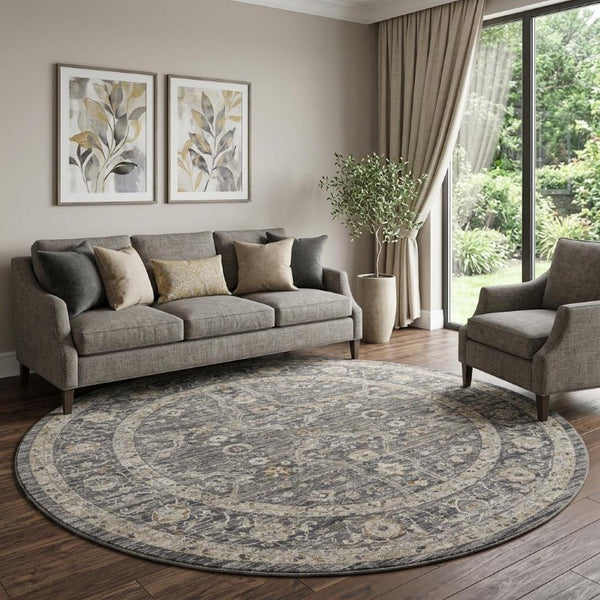 8 Ft Round Floral Distressed Indoor Rug with Fringe Tassel Polyester Ivory Tones