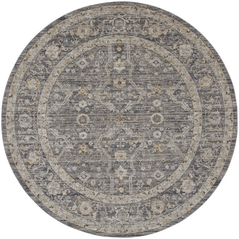 HomeRoots 8 Ft Round Floral Distressed Indoor Rug with Fringe Tassel Polyester Ivory Tones 546590