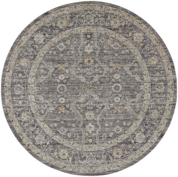 HomeRoots 8 Ft Round Floral Distressed Indoor Rug with Fringe Tassel Polyester Ivory Tones 546590