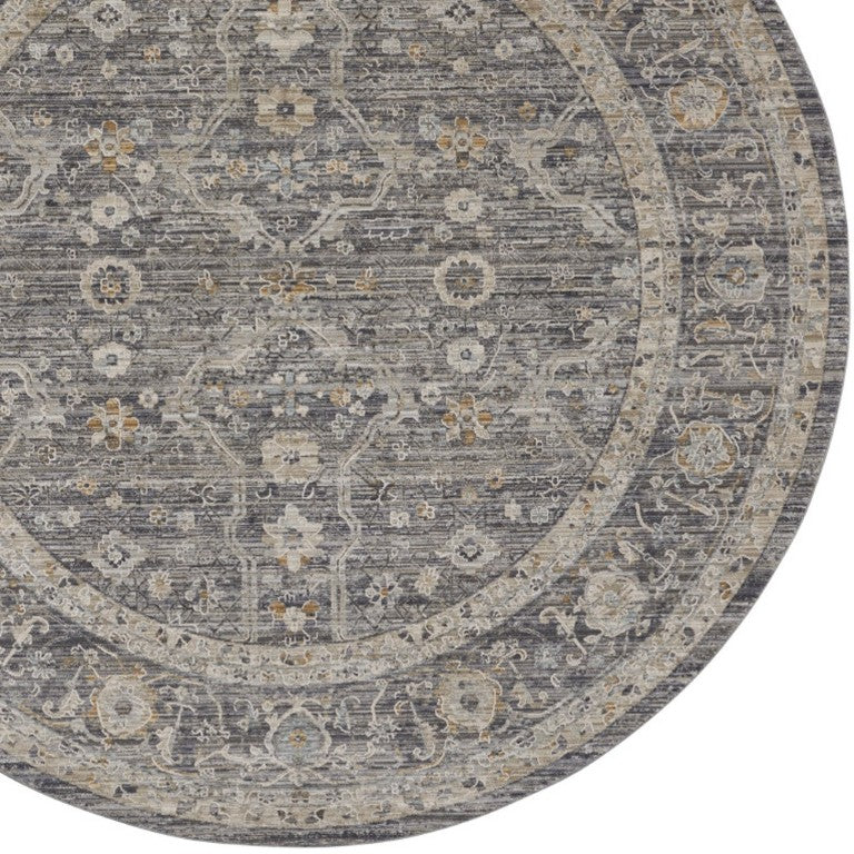 HomeRoots 8 Ft Round Floral Distressed Indoor Rug with Fringe Tassel Polyester Ivory Tones 546590
