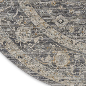 8 Ft Round Floral Distressed Indoor Rug with Fringe Tassel Polyester Ivory Tones