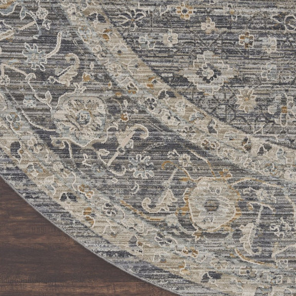 8 Ft Round Floral Distressed Indoor Rug with Fringe Tassel Polyester Ivory Tones