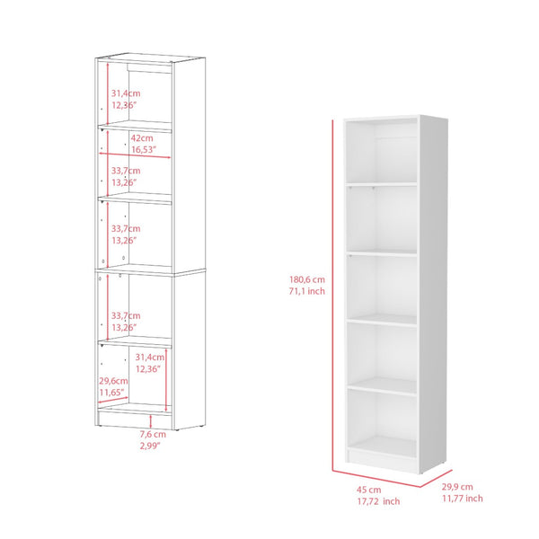 HomeRoots 71" White Wood Five-Tier Bookcase – Stylish Vertical Storage, Durable Design for Home & Office Use 546594