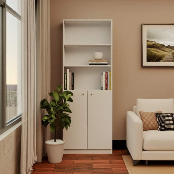 HomeRoots 71" White Wood Three-Tier Bookcase with Doors - Stylish Storage for Home, Office, and More! 546595