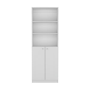 HomeRoots 71" White Wood Three-Tier Bookcase with Doors - Stylish Storage for Home, Office, and More! 546595