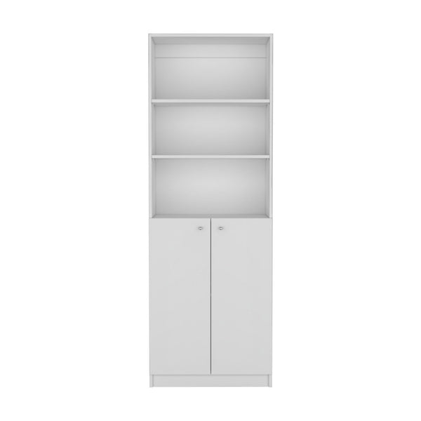 HomeRoots 71" White Wood Three-Tier Bookcase with Doors - Stylish Storage for Home, Office, and More! 546595