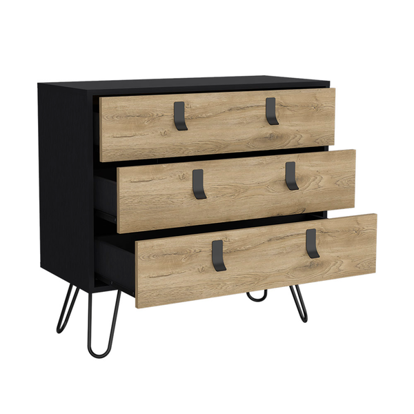Homeroots 32" Natural And Black Three Drawer Dresser  Manufactured Wood 546611
