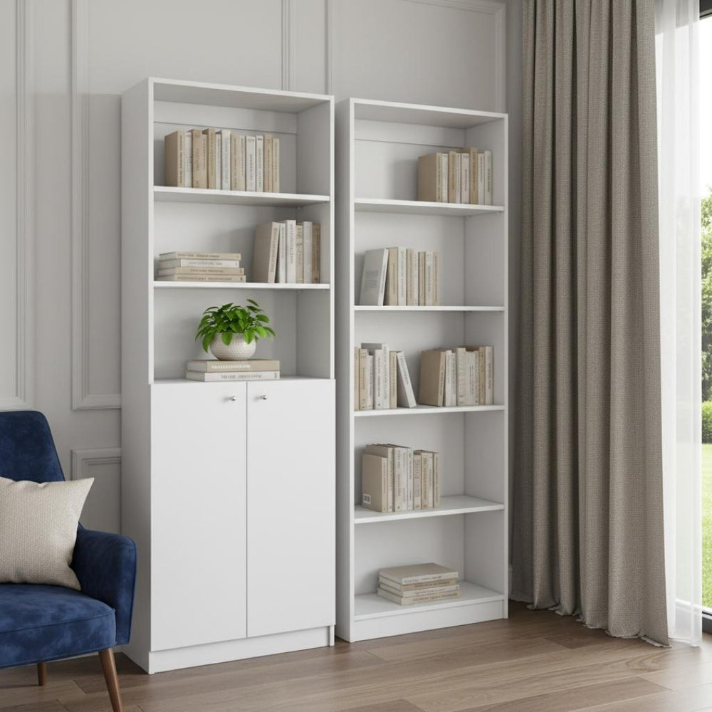 HomeRoots Set of Two White Wood Five-Tier Modular Bookcases with Doors for Stylish Storage Solutions 546614