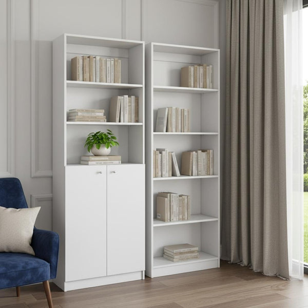 HomeRoots Set of Two White Wood Five-Tier Modular Bookcases with Doors for Stylish Storage Solutions 546614
