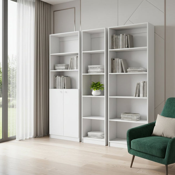 HomeRoots Set of Three White Modular Bookcases – Five-Tier Design with Concealed Storage for Stylish Organization 546615